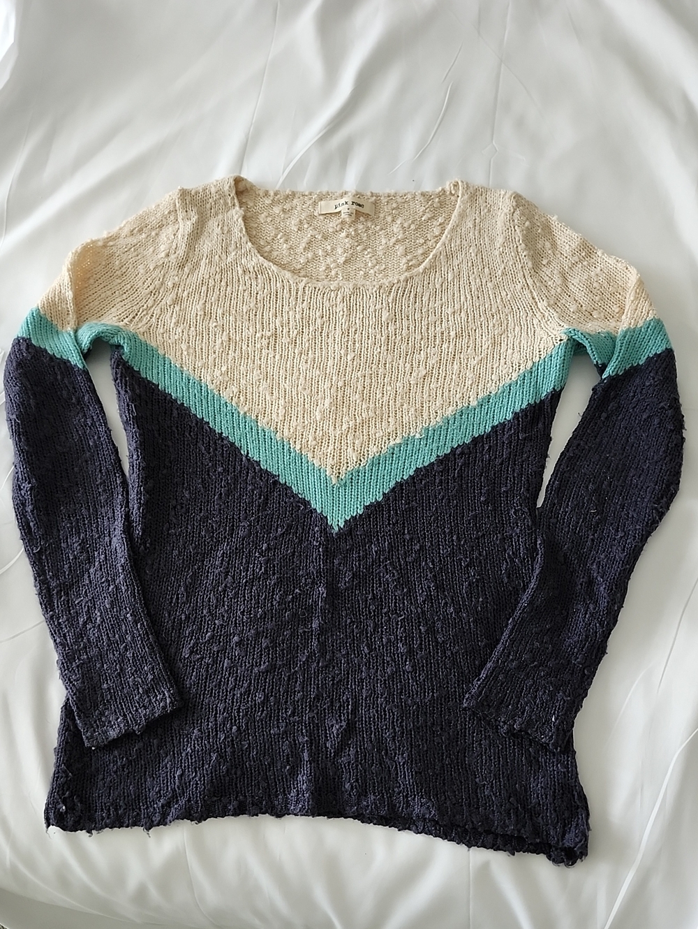 Pink Rose Colorblock Scoop Neck Sweater in Cream, Teal & Navy